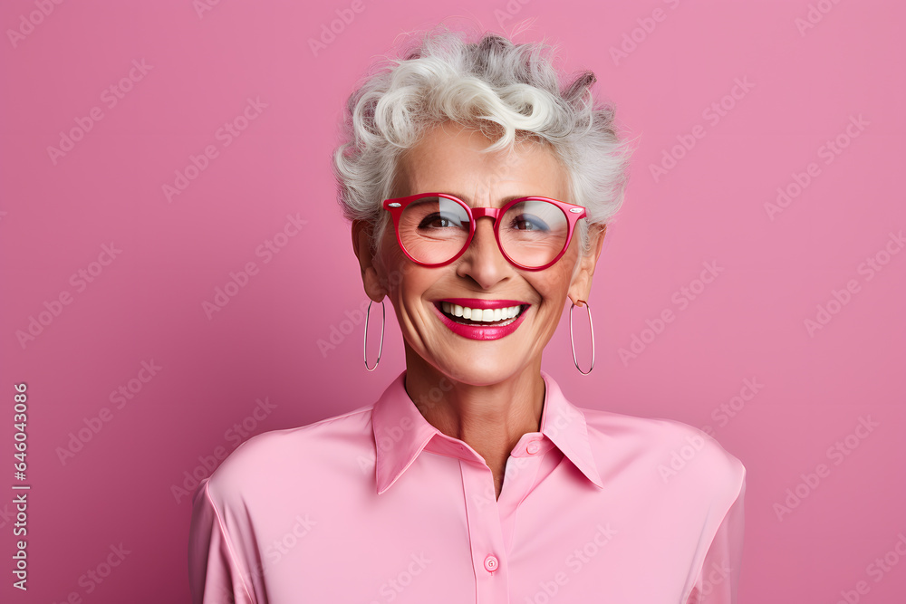 Happy smiling elderly woman portrait in bright clothes isolated on background