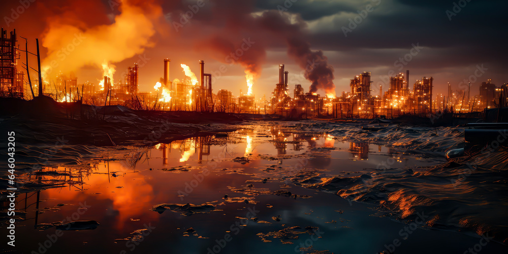 an industrial plant burning in the distance, in the background a city engulfed in smoke, and a river full of waste and dirt.