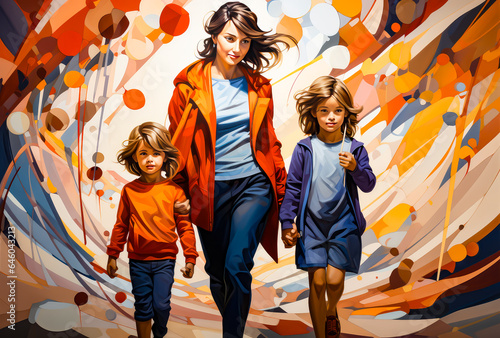 a mother with her two children in painting style, illustration