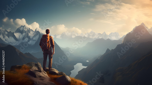 Hiker with backpack standing on top of a mountain and looking at the valley.