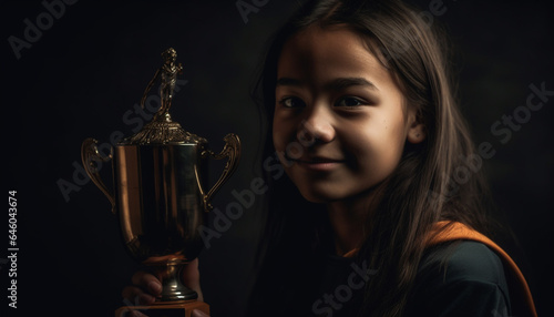 Cute young girl with brown hair holds trophy in celebration generated by AI
