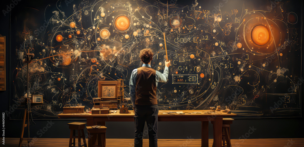 a physicist teacher art using physics on a table with mountains, blackboard, planets, clouds, - obrazy, fototapety, plakaty 