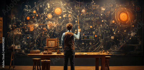 a physicist teacher art using physics on a table with mountains, blackboard, planets, clouds,