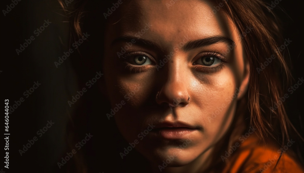 Beautiful young woman with long dark hair exudes confidence and elegance generated by AI Beautiful young woman with long dark hair exudes confidence and elegance generated by AI