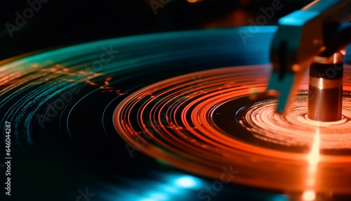 Nightclub steel turntable spinning blue disk, glowing in abstract motion generated by AI