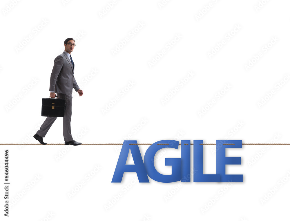 Agile transformation concept with businessman walking on tight r Agile transformation concept with businessman walking on tight r