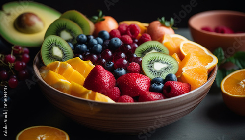 Healthy fruit salad bowl with juicy slices of organic berries generated by AI