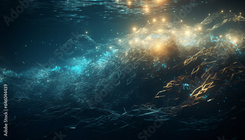 Deep blue underwater sea life illuminated by multi colored abstract patterns generated by AI