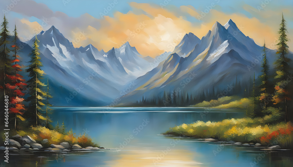 painting of a mountain lake with a mountain in the background