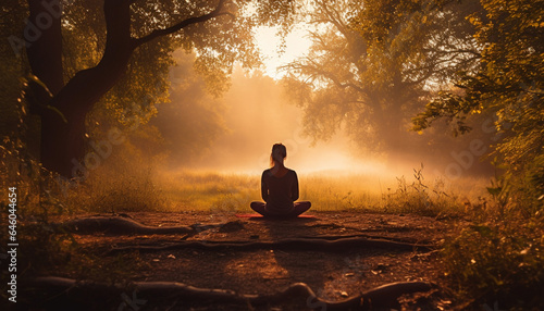 A serene woman meditates in lotus position, surrounded by nature generated by AI