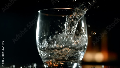 Crystal glass pouring cold whiskey, reflecting black background abstract motion generated by AI