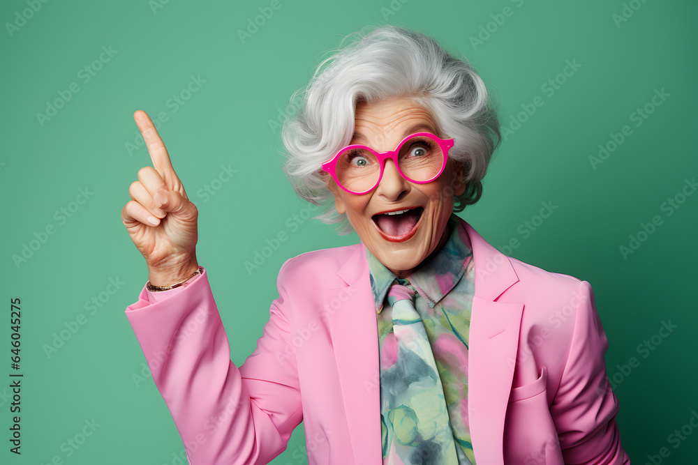 Elderly woman showing hand pointing gesture
