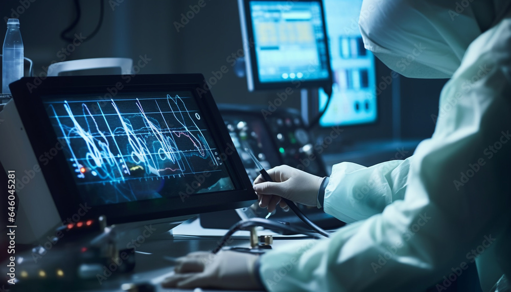 Caucasian scientist analyzing data in illuminated laboratory with expertise generated by AI Caucasian scientist analyzing data in illuminated laboratory with expertise generated by AI
