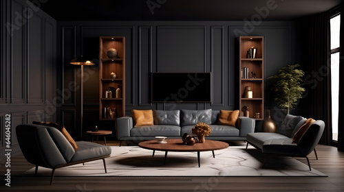 living room with modern interior design for home against the background of a dark classic wall