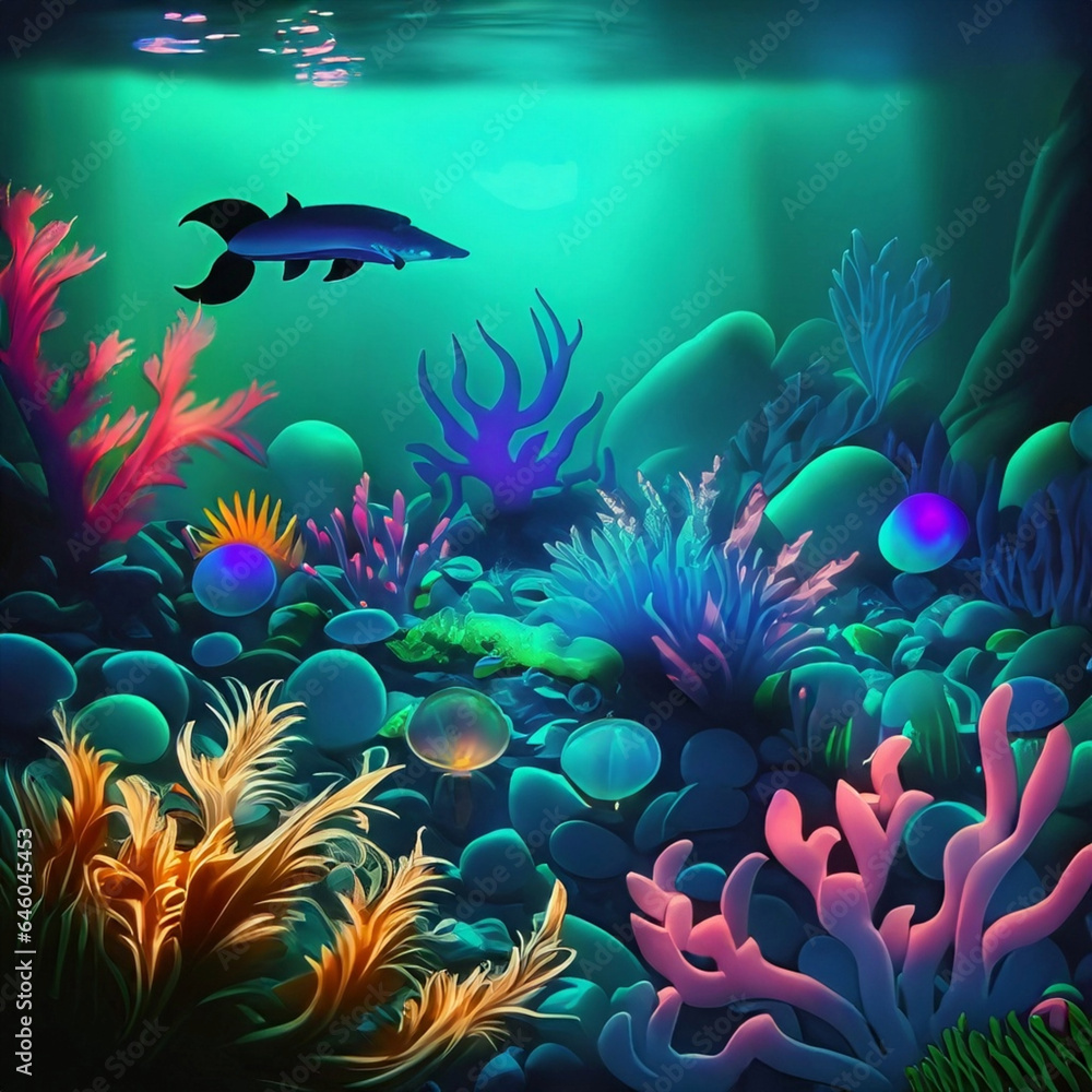 Fototapeta Colorful coral reef and fish clean underwater world scene created with generative ai technology high quality 4k