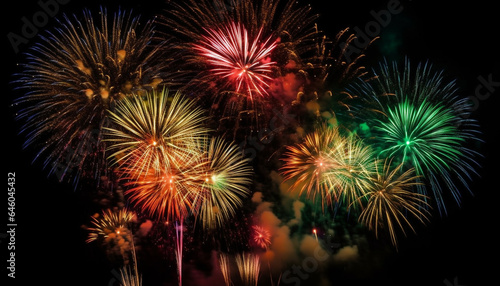 Vibrant fireworks illuminate the dark night sky in explosive celebration generated by AI