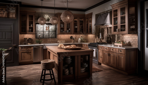 Modern domestic kitchen with rustic wood flooring and stainless steel appliances generated by AI