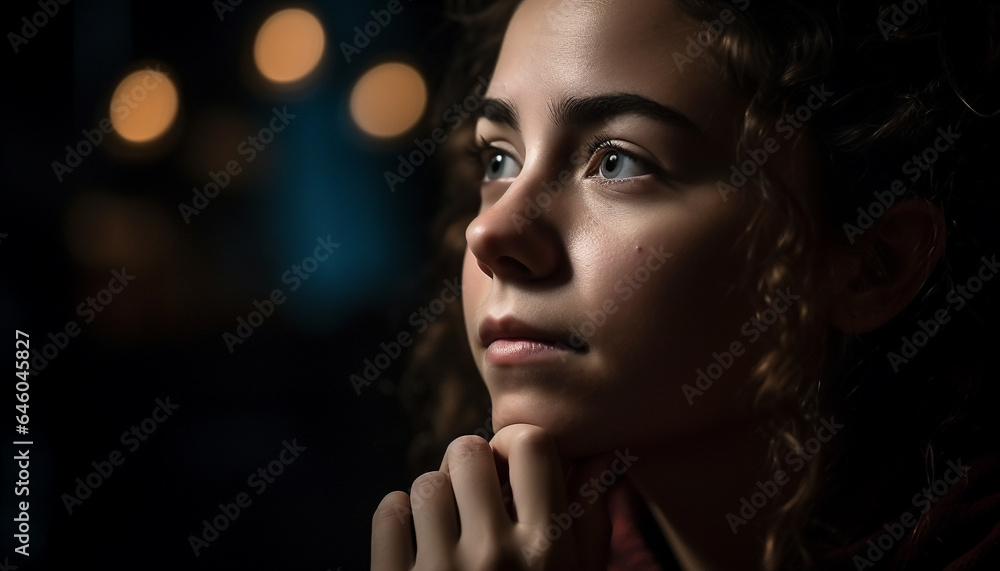 Cheerful young adult with curly brown hair in studio shot generated by AI Cheerful young adult with curly brown hair in studio shot generated by AI