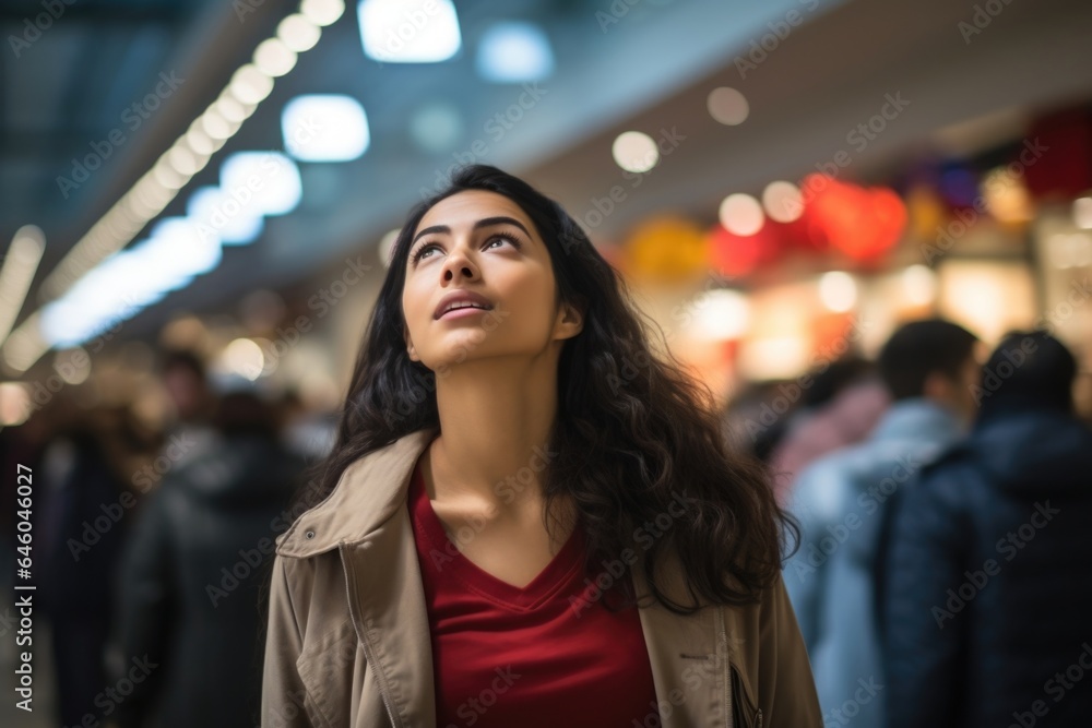 young adult woman of Hispanic origin shopping at busy mall. hectic navigation from store to store, increased heart rate, and quickened breath reveal fightorflight response triggered by state young adult woman of Hispanic origin shopping at busy mall. hectic navigation from store to store, increased heart rate, and quickened breath reveal fightorflight response triggered by state