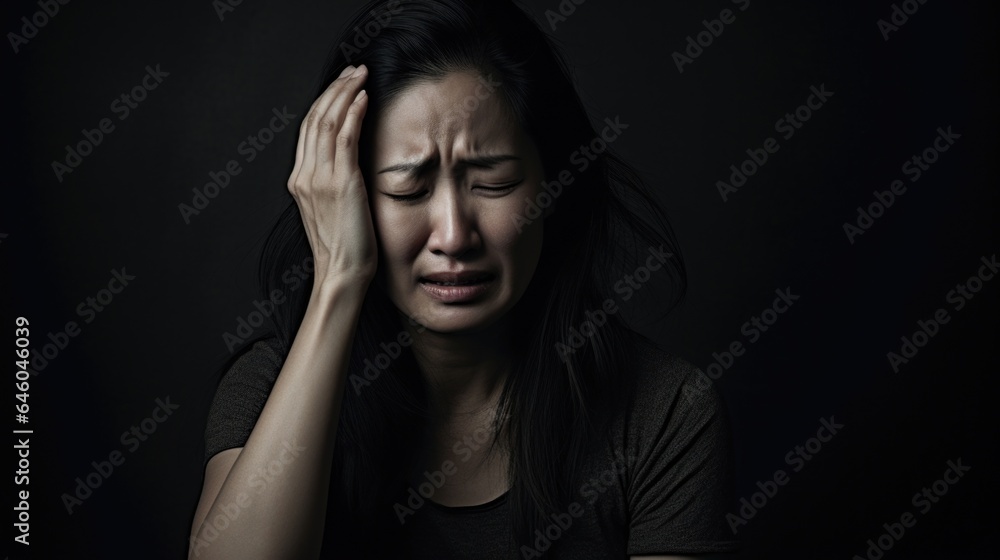 middleaged Asian woman silent victim of frequent verbal and physical violence at bustling workplace. Suffering from ae stress disorder, she displays psychosomatic symptoms, including headaches middleaged Asian woman silent victim of frequent verbal and physical violence at bustling workplace. Suffering from ae stress disorder, she displays psychosomatic symptoms, including headaches
