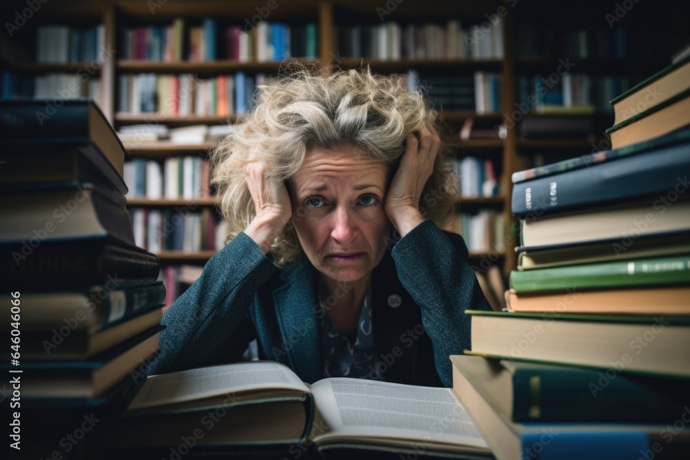 In quiet library, Irish woman in midlife period flips through pages with trembling fingers. Academic deadlines mount up, and dread turns into Academic Anxiety, fear of academic failure. In quiet library, Irish woman in midlife period flips through pages with trembling fingers. Academic deadlines mount up, and dread turns into Academic Anxiety, fear of academic failure.