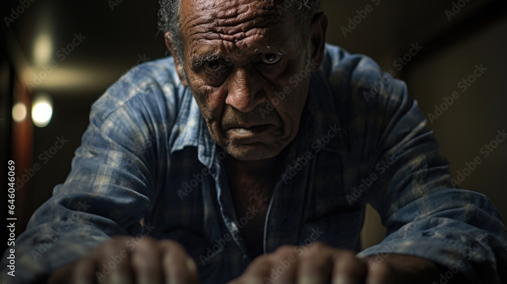 Underneath dim lights of apartment, Aboriginal Australian senior man seen staring blankly into night. hands shake slightly he battles internal dread arising from gerascophobia fear Underneath dim lights of apartment, Aboriginal Australian senior man seen staring blankly into night. hands shake slightly he battles internal dread arising from gerascophobia fear