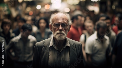 older man finds himself standing in crowded marketplace. posture replete with anxious tension, disrupted concentration continually pulls attention toward conversations and interactions happening