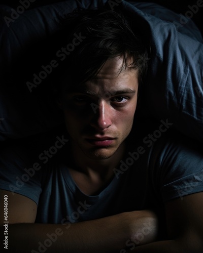 In isolating confines of dimly lit room sits young adult male, contour lines on face depicting posttraumatic stress disorder. unsettling hypervigilance presents classic hyperarousal symptom