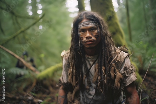 Native American man, in youthful years, treads along forest in Seattle. dread of unknown forestland triggers Nyctohylophobia, fear of dark, wooded areas or forests at night.