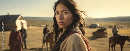 We see adult Native American woman, standing unaware on periphery of family rendezvous in reservation located in rural Midwest. Rather than engaging in cultural dance, aloof manner demonstrates photo