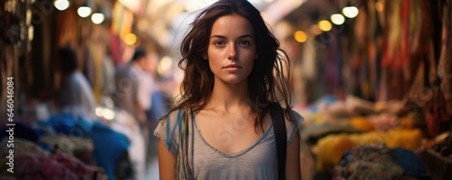 young Mediterranean woman in spirited marketplace seems physically present but emotionally distant. Surrounded by loud chatter and vibrant colors, apparent disengagement captures idea