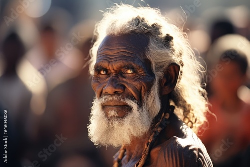elderly Aboriginal man seen disinterestedly watching traditional dance ceremony in outback. lack of connection with vibrant spectacle ilrates form of emotional detachment, often