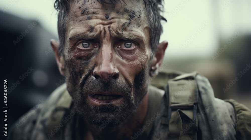Obraz premium In weathered comfort of veterans hub, mentally scarred exsoldier battles ghosts of war. shellshock that plagues every thought makes him flinch at slightest noise, embodying link between past