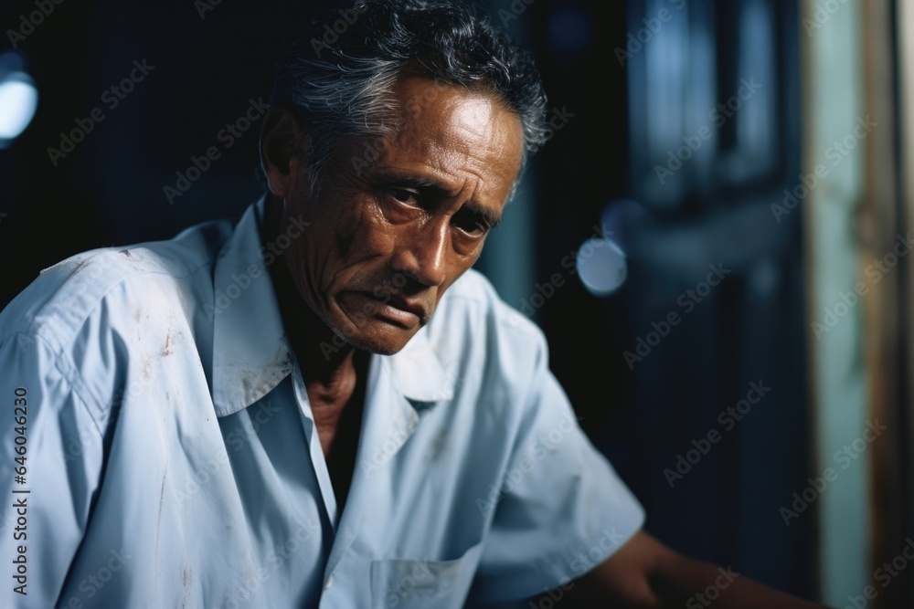 Within sterile silence of mental health clinic, Pacific Islander elder wrestles with memories of natural disaster. stress and fear visibly manifest somatic response with shaken hands and nervous