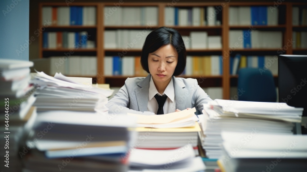 In modern corporate office, East Asian woman, on edge of retirement, buries herself under stack of files. workinduced stress visible in hunched posture and circles under eyes harsh imagery In modern corporate office, East Asian woman, on edge of retirement, buries herself under stack of files. workinduced stress visible in hunched posture and circles under eyes harsh imagery