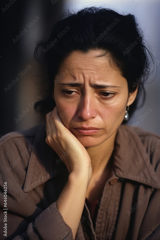 Latino woman of mature age seen in underprivileged neighborhood, faced with multiple life challenges and responsibilities. overwhelming feelings of sadness, coupled with various somatic symptoms, Latino woman of mature age seen in underprivileged neighborhood, faced with multiple life challenges and responsibilities. overwhelming feelings of sadness, coupled with various somatic symptoms,
