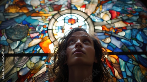 middleaged, mixedrace woman languishes in empty church, gaze fixed on stained glass depictions of peace, revival from reexperiencing synonymous with integrative therapy for traumatic stress. photo