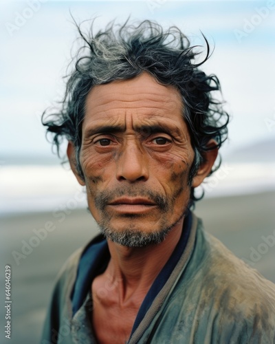 adult indigenous man stares at ocean coast, eyes mirror grief he has suppressed after being only survivor of mining accident. He represents perfect embodiment of repression, psychological mechanism