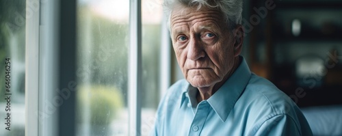 In busy nursing home, elderly white male, stares blankly out of window, seemingly detached from surrounding bustle. This negative affect, evidence of anhedonia triggered by chronic stress, photo