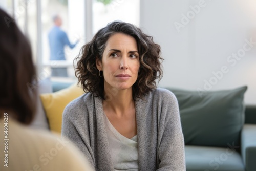 mature woman of South American descent engaged in deep conversation with at city clinic. She deftly navigating emotional obstacles of life transition last child leaves home, clear sign of wellknown