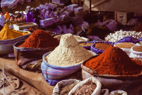 Herbs and spices for sale in a Berber market in the Atlas Mountains in Morocco.