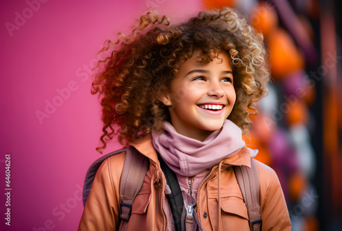 a young girl with curly hair and a backpack is smiling  at school.