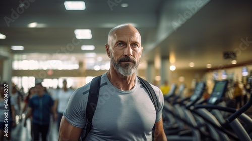 Caucasian man strides confidently in expansive gym facility. Previously lukewarm participant, he now showing significant behavioral transition, evident in increased commitment to physical strength,