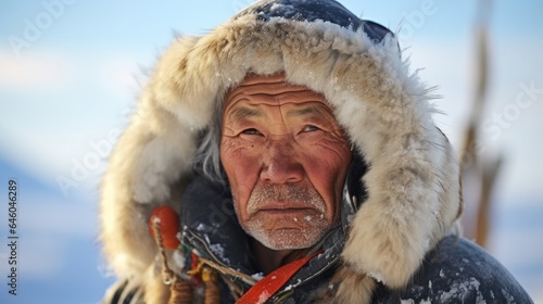 wisdomloaded elderly Inuit man staring into arctic void, sitting at edge of remote settlement in icy Greenland. deeply lined face reflects resilience and courage he exercises proactive coping