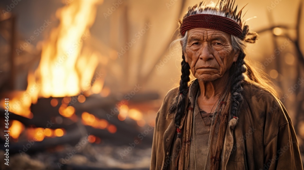 elderly man from native American tribe gazes at burned forest in backdrop of home, tears streaming down weathered features. Standing there, he becomes conscious of concept of environmental