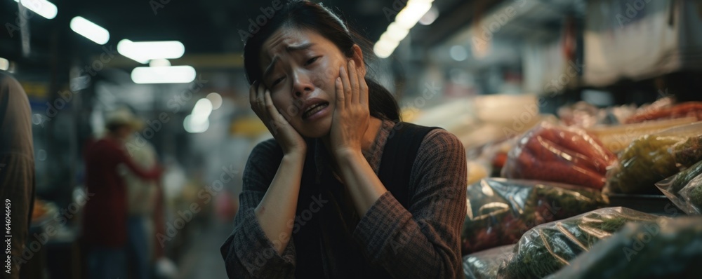In bustling urban market, Southeast Asian woman in mature adulthood, haggles over price of vegetables. body language conveys deeper discontent, perhaps reflection of existential crisisterrifying