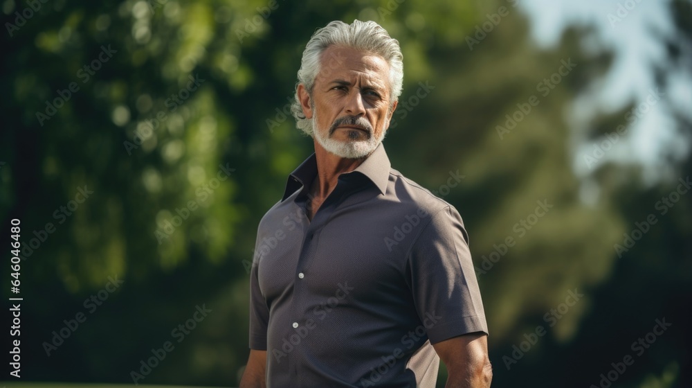 Surrounded by lush greenery of beautiful golf course, older Hispanic man stands alone, staring blankly into horizon. expensive attire belies deepseated discontent, clear manifestation of paradox Surrounded by lush greenery of beautiful golf course, older Hispanic man stands alone, staring blankly into horizon. expensive attire belies deepseated discontent, clear manifestation of paradox