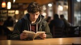 Caucasian teenage boy sits in bustling coffee shop, deeply engrossed in book on psychology. eyes widen he stumbles upon concept of illusory correlation, realizing cognitive bias in perceiving