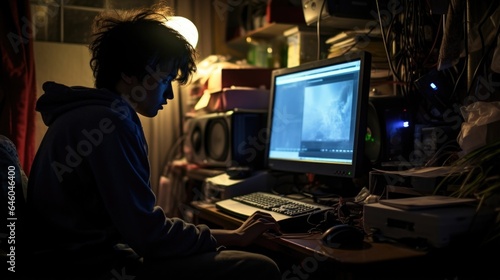 EastAsian teenager, nonbinary individual, sits before their computer in dimly lit room, processing news of global crisis. They stumble upon term global empathy, rush of realization makes them © Justlight