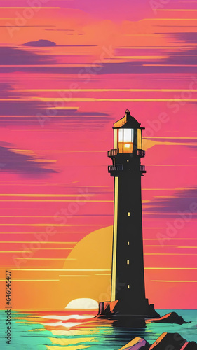 Dreamy Scenic Summer Lighthouse Illustration Vertical Wallpaper